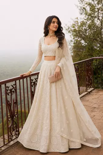 Cream Wedding Embroidered Georgette Lehenga Choli with Dupatta