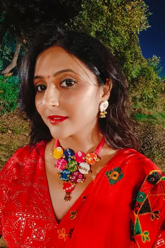  handcrafted multicolour bandhani fabric jhumka necklace set