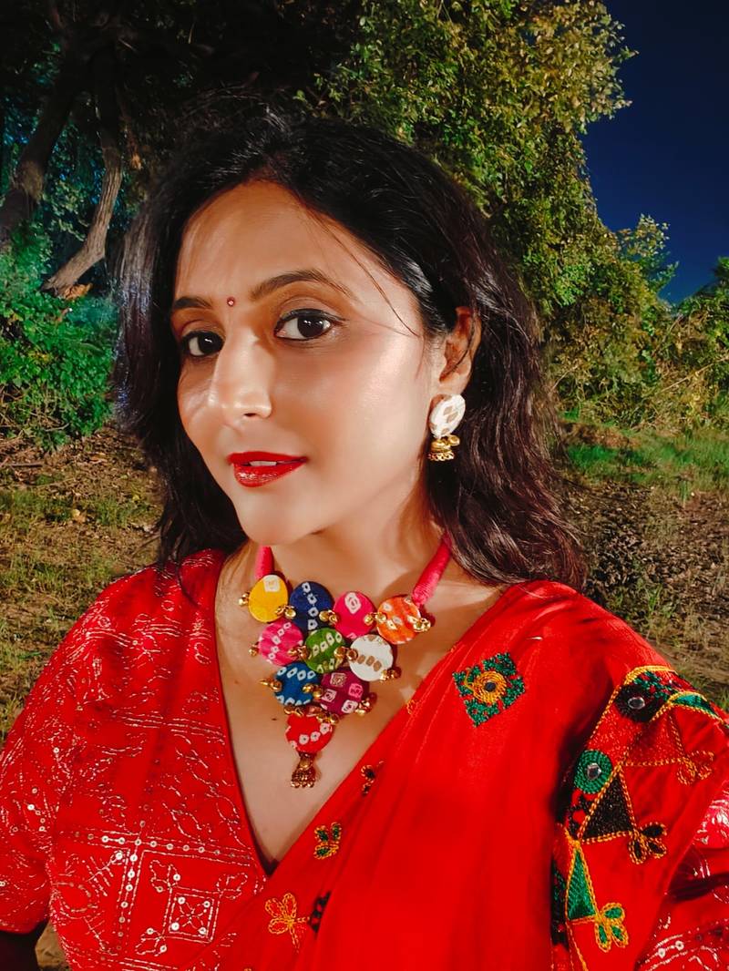  handcrafted multicolour bandhani fabric jhumka necklace set