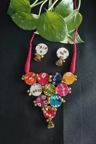  handcrafted multicolour bandhani fabric jhumka necklace set