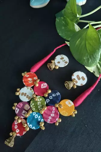  handcrafted multicolour bandhani fabric jhumka necklace set