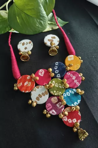  handcrafted multicolour bandhani fabric jhumka necklace set
