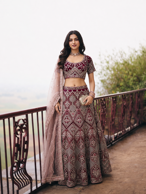 Maroon Wedding Embroidered Net Lehenga Choli with Dupatta 1