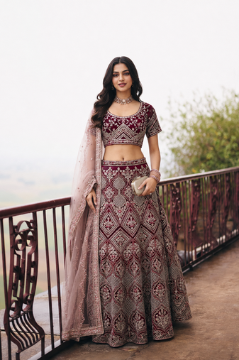Maroon Wedding Embroidered Net Lehenga Choli with Dupatta