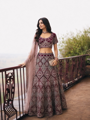 Maroon Wedding Embroidered Net Lehenga Choli with Dupatta 2