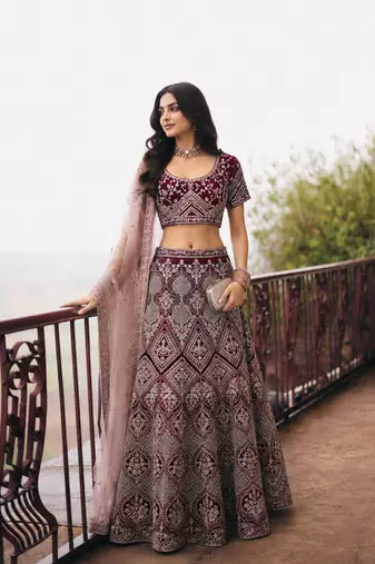 Maroon Wedding Embroidered Net Lehenga Choli with Dupatta