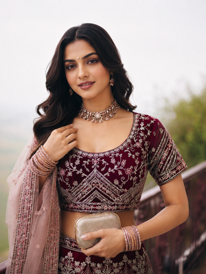 Maroon Wedding Embroidered Net Lehenga Choli with Dupatta 3