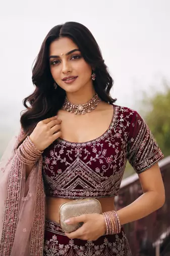 Maroon Wedding Embroidered Net Lehenga Choli with Dupatta