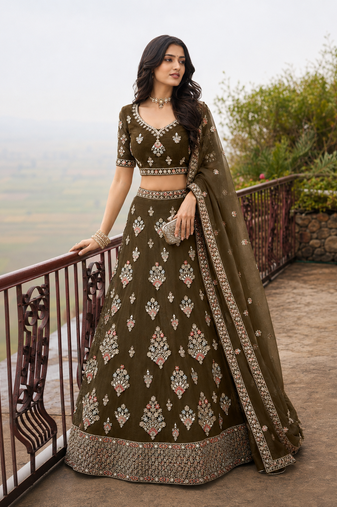 Olive Wedding Embroidered Net Lehenga Choli with Dupatta