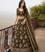 Olive Wedding Embroidered Net Lehenga Choli with Dupatta