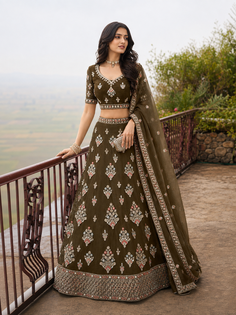 Olive Wedding Embroidered Net Lehenga Choli with Dupatta