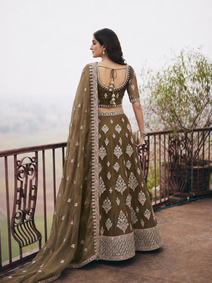 Olive Wedding Embroidered Net Lehenga Choli with Dupatta 2