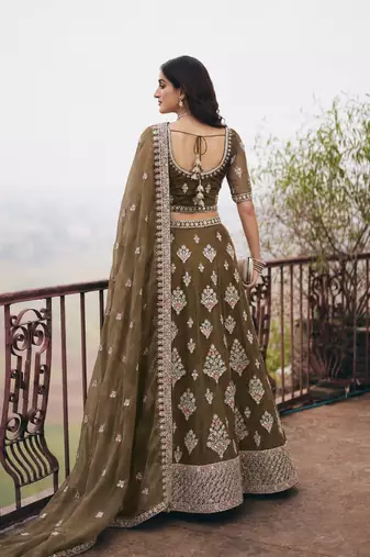 Olive Wedding Embroidered Net Lehenga Choli with Dupatta