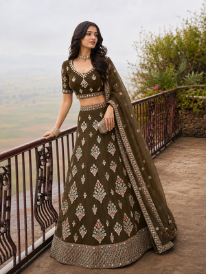 Olive Wedding Embroidered Net Lehenga Choli with Dupatta 3