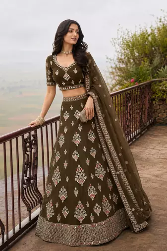 Olive Wedding Embroidered Net Lehenga Choli with Dupatta