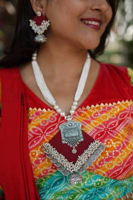  handcrafted maroon & silver coin long necklace set 1