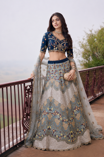 Blue Wedding Embroidered Silk Lehenga Choli with Net Dupatta