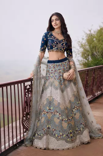Blue Wedding Embroidered Silk Lehenga Choli with Net Dupatta