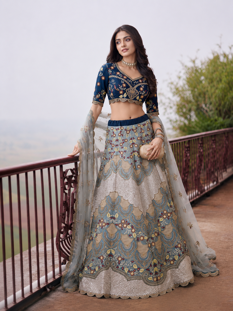 Blue Wedding Embroidered Silk Lehenga Choli with Net Dupatta