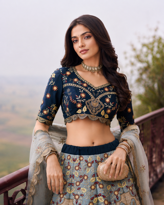Blue Wedding Embroidered Silk Lehenga Choli with Net Dupatta 2