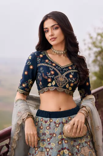 Blue Wedding Embroidered Silk Lehenga Choli with Net Dupatta