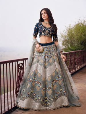Blue Wedding Embroidered Silk Lehenga Choli with Net Dupatta 3