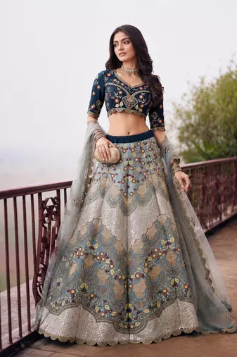 Blue Wedding Embroidered Silk Lehenga Choli with Net Dupatta