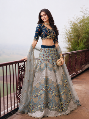 Blue Wedding Embroidered Silk Lehenga Choli with Net Dupatta 4