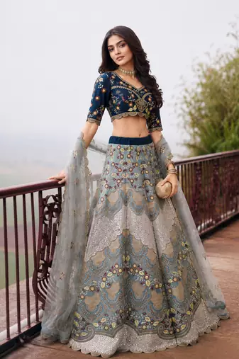 Blue Wedding Embroidered Silk Lehenga Choli with Net Dupatta