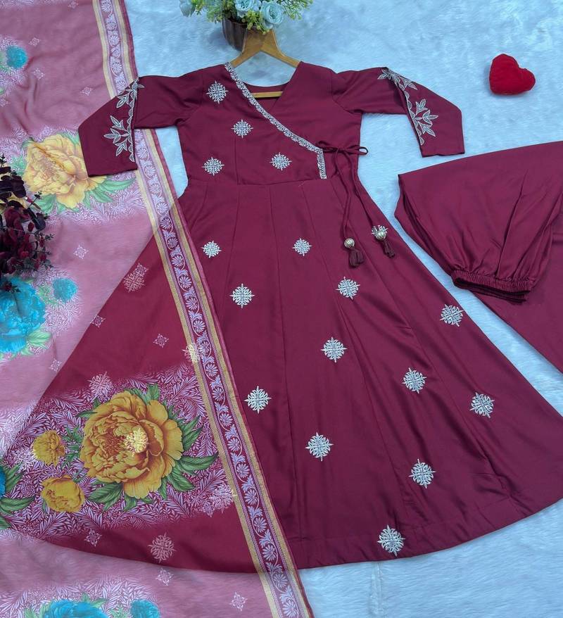 MAROON MASLIN COTTON ANARKALI SUIT SET 