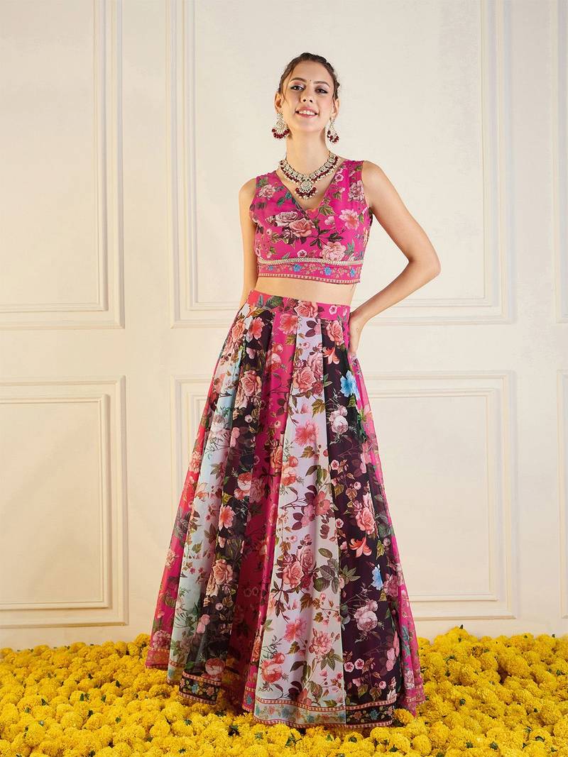 Pink Multicolor Georgette Floral Printed Ready to Wear Lehenga & Blouse