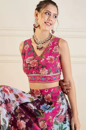 Pink Multicolor Georgette Floral Printed Ready to Wear Lehenga & Blouse