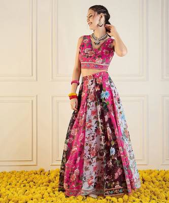 Pink Multicolor Georgette Floral Printed Ready to Wear Lehenga & Blouse 4