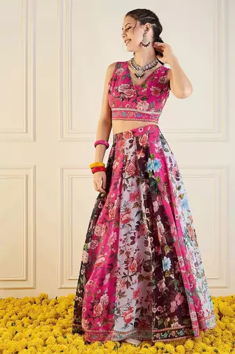 Pink Multicolor Georgette Floral Printed Ready to Wear Lehenga & Blouse