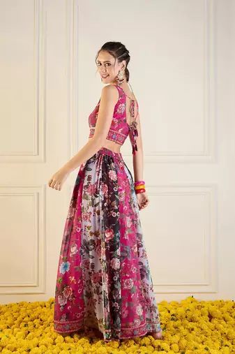 Pink Multicolor Georgette Floral Printed Ready to Wear Lehenga & Blouse