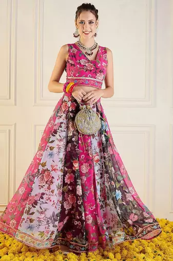 Pink Multicolor Georgette Floral Printed Ready to Wear Lehenga & Blouse