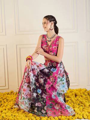 Pink Multicolor Georgette Floral Printed Ready to Wear Lehenga & Blouse 7