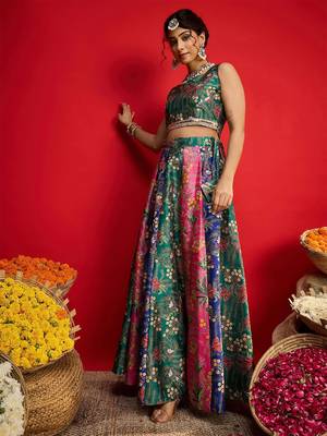 Green Multicolor Art Silk Floral Printed Sequinned Ready To Wear Lehenga Choli 1