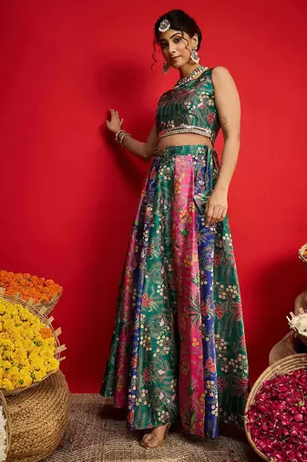 Green Multicolor Art Silk Floral Printed Sequinned Ready To Wear Lehenga Choli