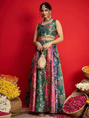 Green Multicolor Art Silk Floral Printed Sequinned Ready To Wear Lehenga Choli 2