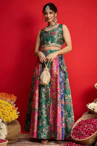 Green Multicolor Art Silk Floral Printed Sequinned Ready To Wear Lehenga Choli