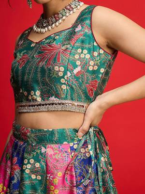 Green Multicolor Art Silk Floral Printed Sequinned Ready To Wear Lehenga Choli 3