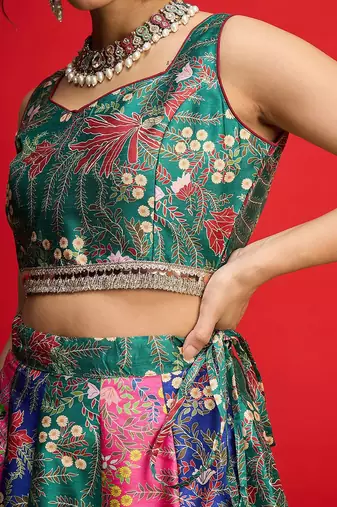 Green Multicolor Art Silk Floral Printed Sequinned Ready To Wear Lehenga Choli