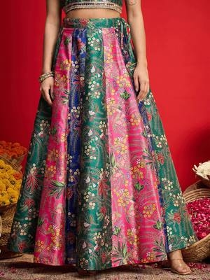 Green Multicolor Art Silk Floral Printed Sequinned Ready To Wear Lehenga Choli 4