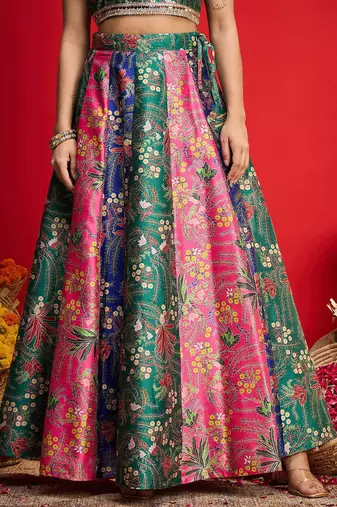 Green Multicolor Art Silk Floral Printed Sequinned Ready To Wear Lehenga Choli