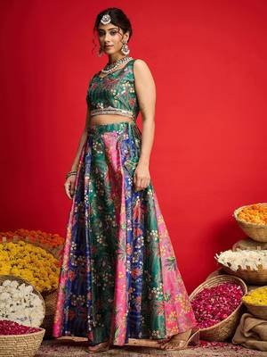 Green Multicolor Art Silk Floral Printed Sequinned Ready To Wear Lehenga Choli 5