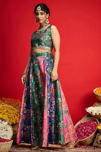 Green Multicolor Art Silk Floral Printed Sequinned Ready To Wear Lehenga Choli