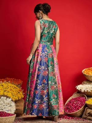 Green Multicolor Art Silk Floral Printed Sequinned Ready To Wear Lehenga Choli 6