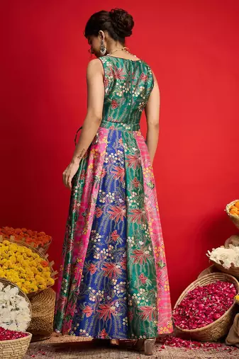 Green Multicolor Art Silk Floral Printed Sequinned Ready To Wear Lehenga Choli
