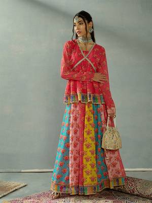 Red Multicolor Georgette Floral Printed Slip-On Long Sleeves Ready to Wear Lehenga Choli 1